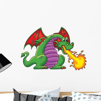 Fire Breathing Green Dragon Wall Decal shown on a wall