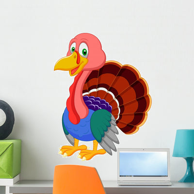 Cute Turkey Cartoon Wall Decal shown on a wall