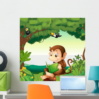 Monkey Reading Book Forest Wall Decal shown on a wall