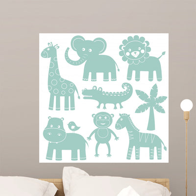 Sea-green Safari Animals Wall Stickers shown on a wall