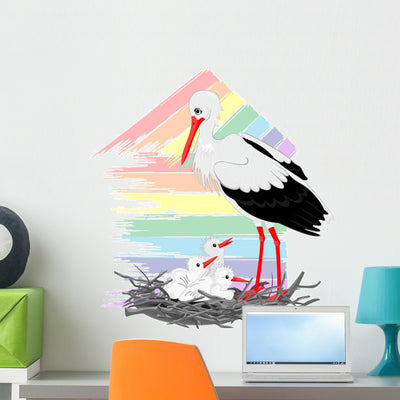 Stork and Chicks Nest Wall Decal shown on a wall