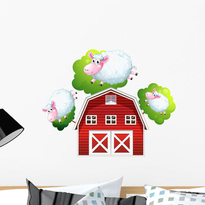 Three Jumping Sheep Wall Decal shown on a wall