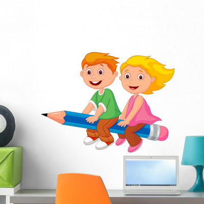 Boy and Girl Learning Wall Decal shown on a wall
