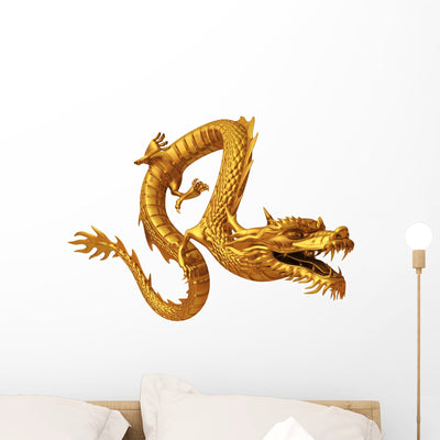 3D Render Golden Dragon shown on a wall
