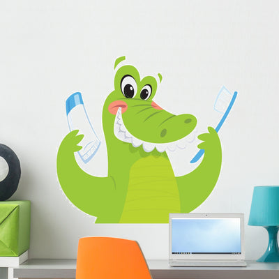 Happy Crocodile Holding Toothbrush Wall Decal shown on a wall