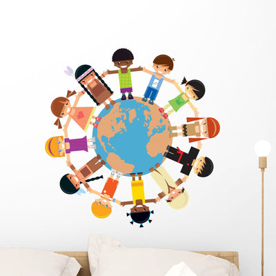 Children Holding Hands Earth Wall Decal shown on a wall