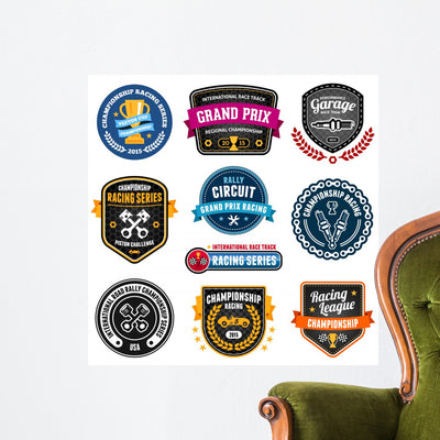 Racing Emblems Wall Stickers shown on a wall