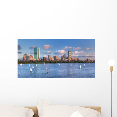 Panoramic Theboston Skyline across Wall Decal shown on a wall