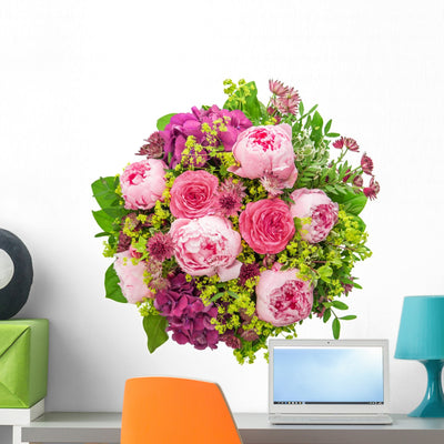 Beautiful Pink Peonies Wall Decal shown on a wall