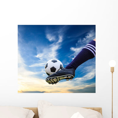 Foot Kicking Soccer Ball shown on a wall
