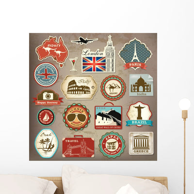 Retro Vacation Travel Labels shown on a wall