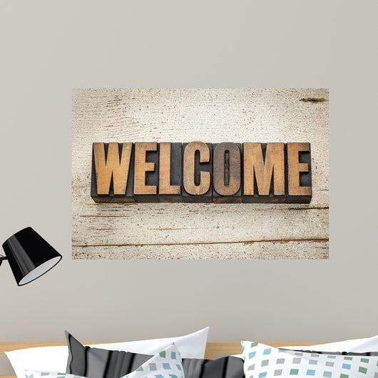 welcome word in wood type Wall Mural