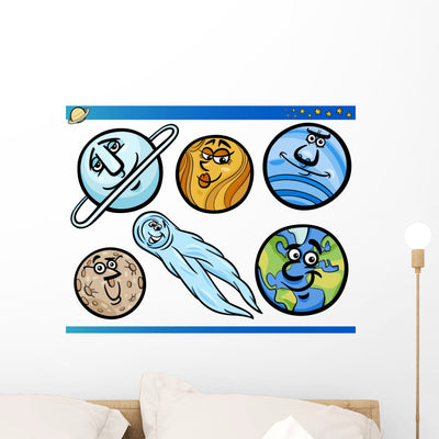 Planets and Orbs Cartoon shown on a wall