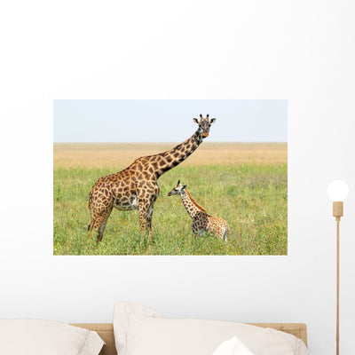 Baby Giraffe and Mother shown on a wall