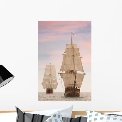 Tall Wooden Sailing Ships Wall Mural shown on a wall