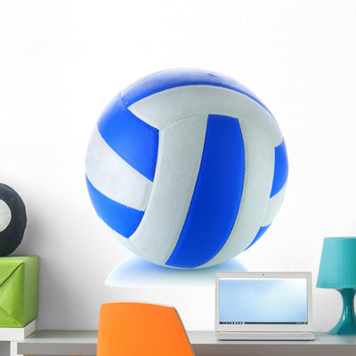 Blue and White Volleyball Wall Decal shown on a wall