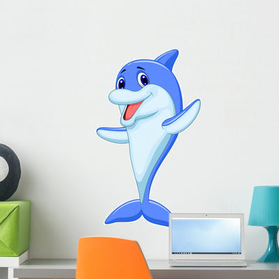 Cute Dolphin Cartoon Waving Wall Decal shown on a wall