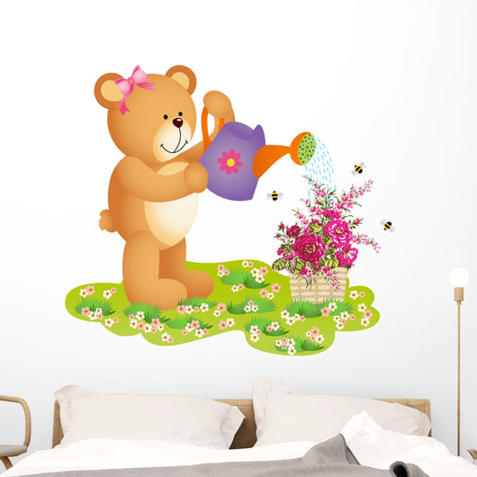 Teddy Bear Watering Flowers Wall Decal