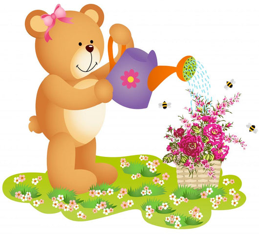 Teddy Bear Watering Flowers Wall Decal