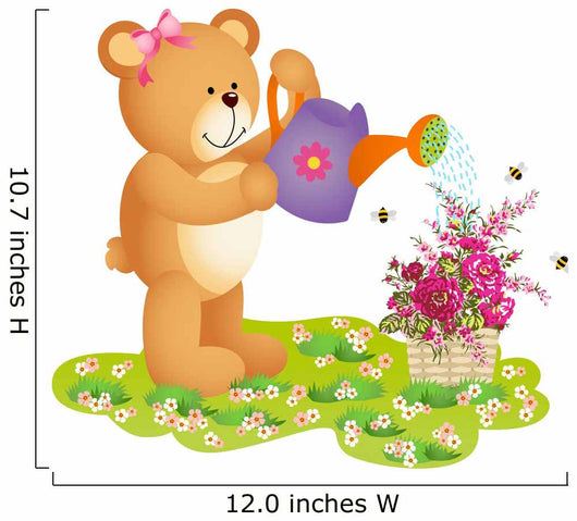 Teddy Bear Watering Flowers Wall Decal