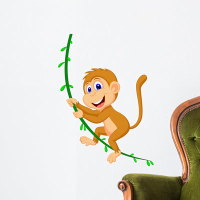 Cute Monkey Cartoon Swinging Wall Decal shown on a wall