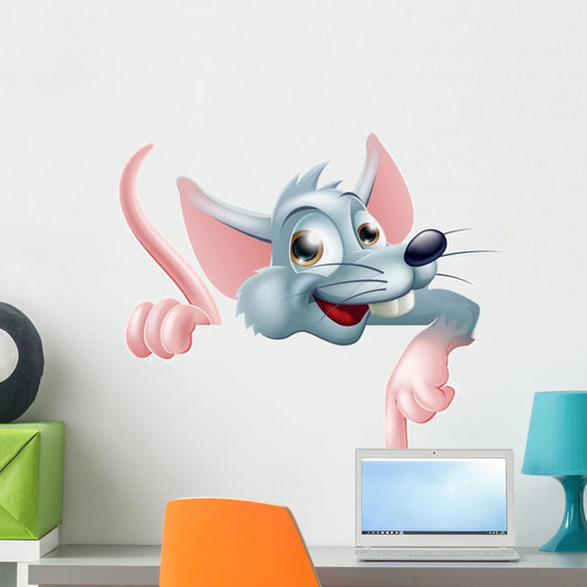 Cartoon Rat Pointing Down at Sign Wall Decal
