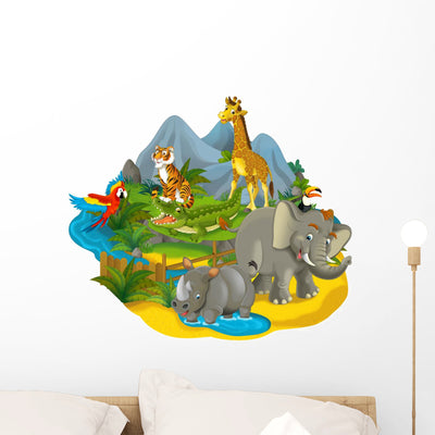 Cartoon Zoo Animals Wall Decal shown on a wall