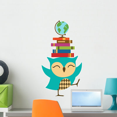 Owl with Stacked Books Wall Decal shown on a wall