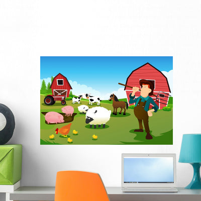 Farmer and Tractor Farm Wall Mural shown on a wall