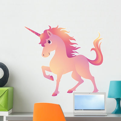Colorful Pink Cartoon Unicorn Wall Decal shown on a wall