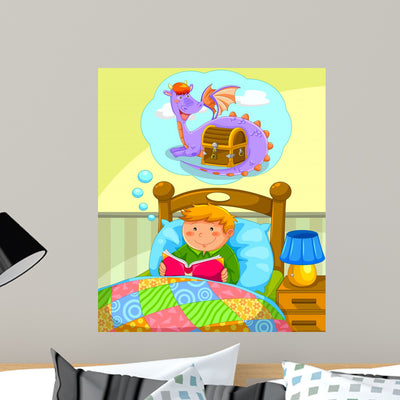 Boy Bed Reading Book Wall Mural shown on a wall