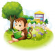 A monkey reading a book near the plants with flowers Wall Decal