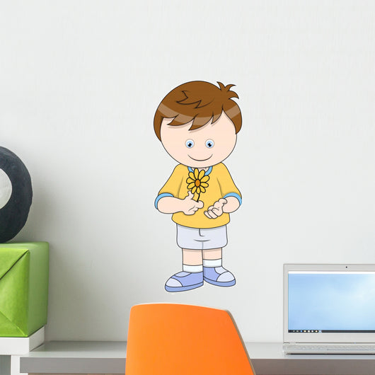Little Boy with Flower - Vector Cartoon Illustration Wall Decal