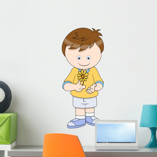 Little Boy with Flower - Vector Cartoon Illustration Wall Decal