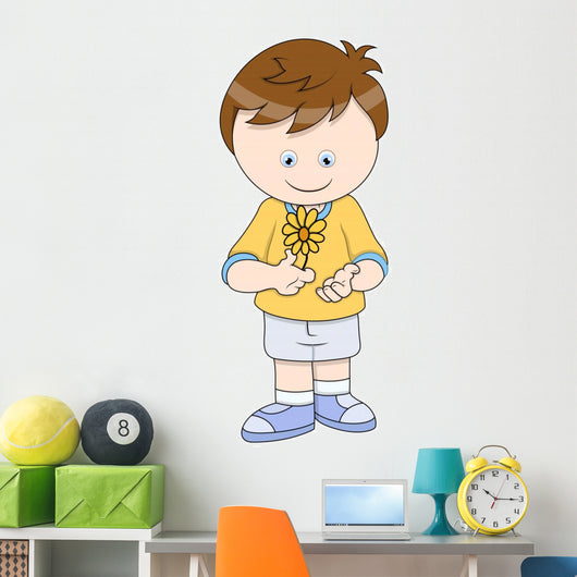 Little Boy with Flower - Vector Cartoon Illustration Wall Decal