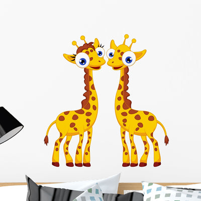Cute Giraffe Cartoon Couple Wall Decal shown on a wall
