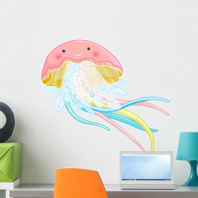 Jellyfish Cartoon Character Wall Decal shown on a wall