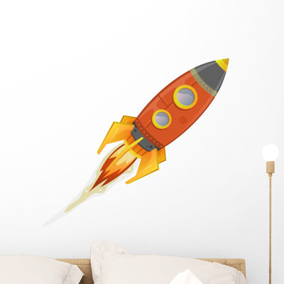 Comic Rocket Ship Wall Decal shown on a wall