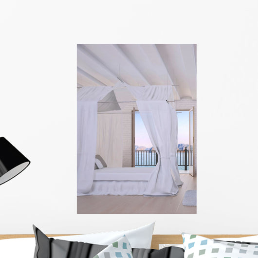 White Bedroom Interior with Wall Decal