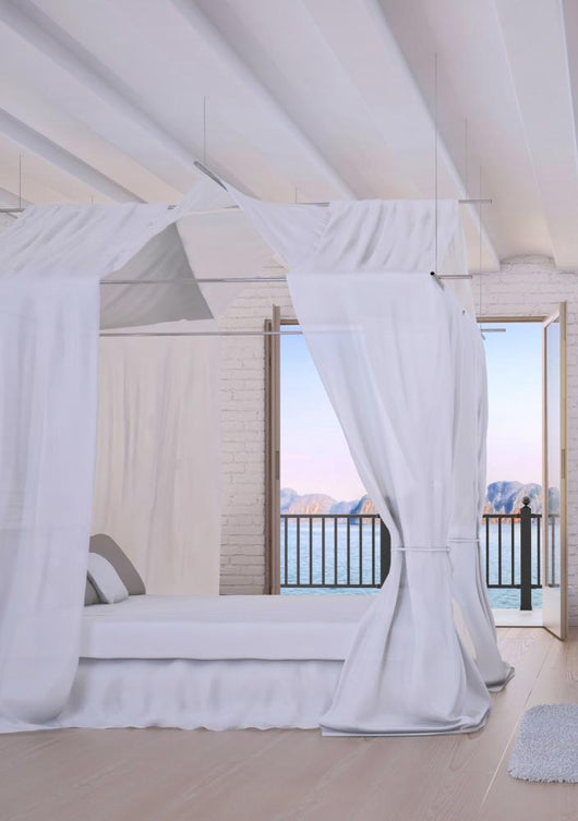 White Bedroom Interior with Wall Decal