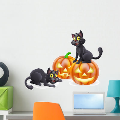 Halloween Cats and Pumpkins Wall Decal shown on a wall