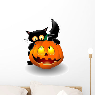 Halloween Cat Cartoon Biting Wall Decal shown on a wall