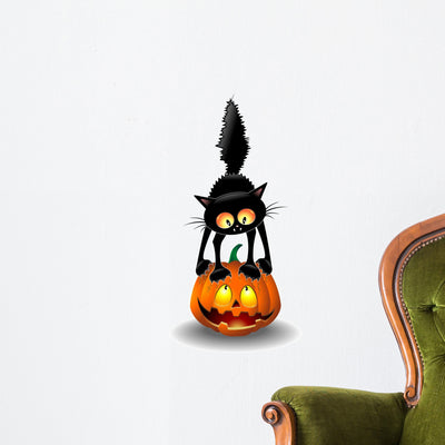 Scared Halloween Cat Cartoon Wall Decal shown on a wall