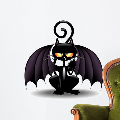 Halloween Bat Cat Cartoon Wall Decal shown on a wall
