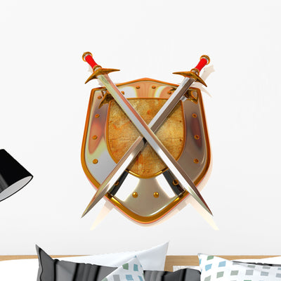 Knights Shield and Swords Wall Decal shown on a wall