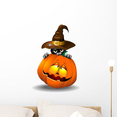 Halloween Kitten with Pumpkin Wall Decal shown on a wall