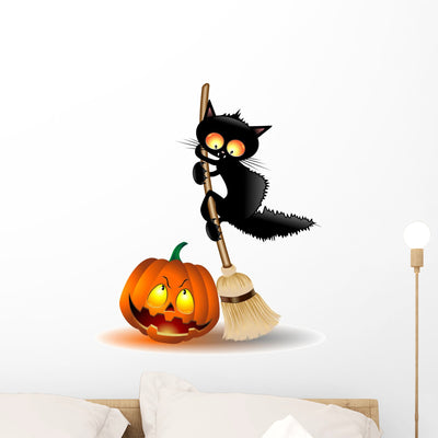 Halloween Cat Cartoon and Wall Decal shown on a wall