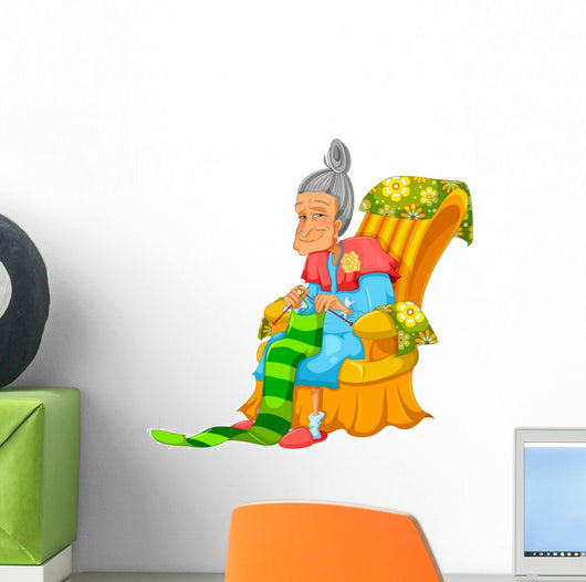 Old Lady Knitting Happily Wall Decal
