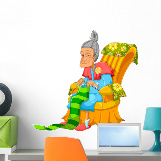 Old Lady Knitting Happily Wall Decal