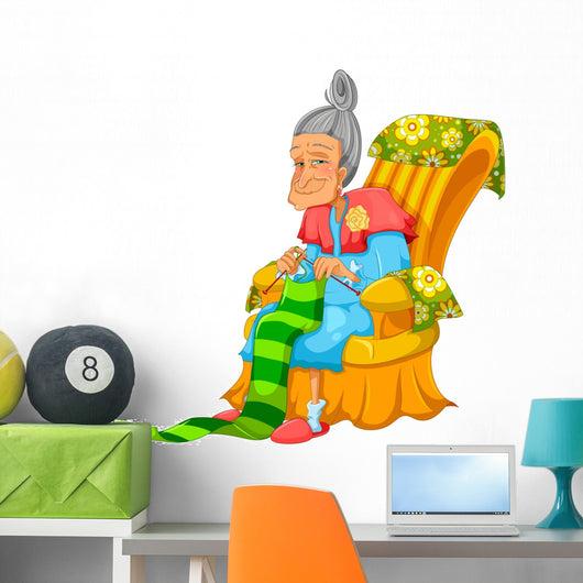 Old Lady Knitting Happily Wall Decal